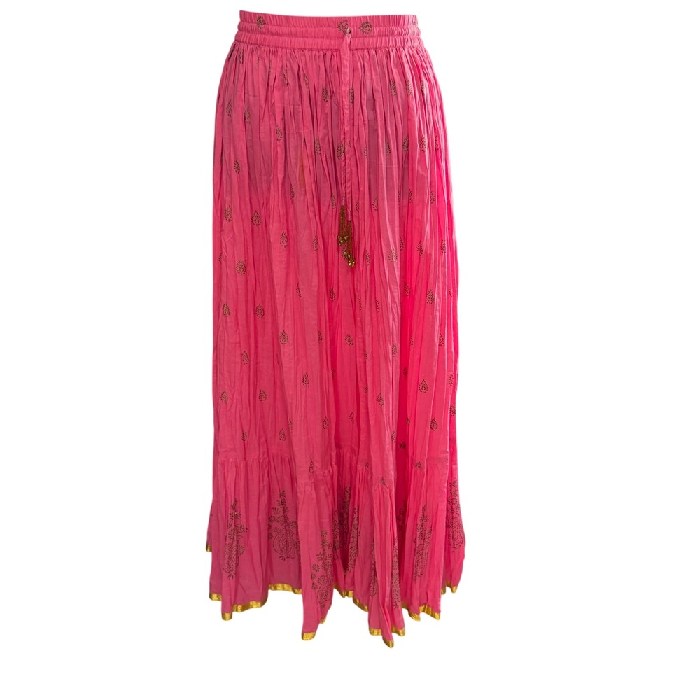 For The Republic Pink Indian Block‎ Print Maxi Skirt Gold Trim Boho Festival